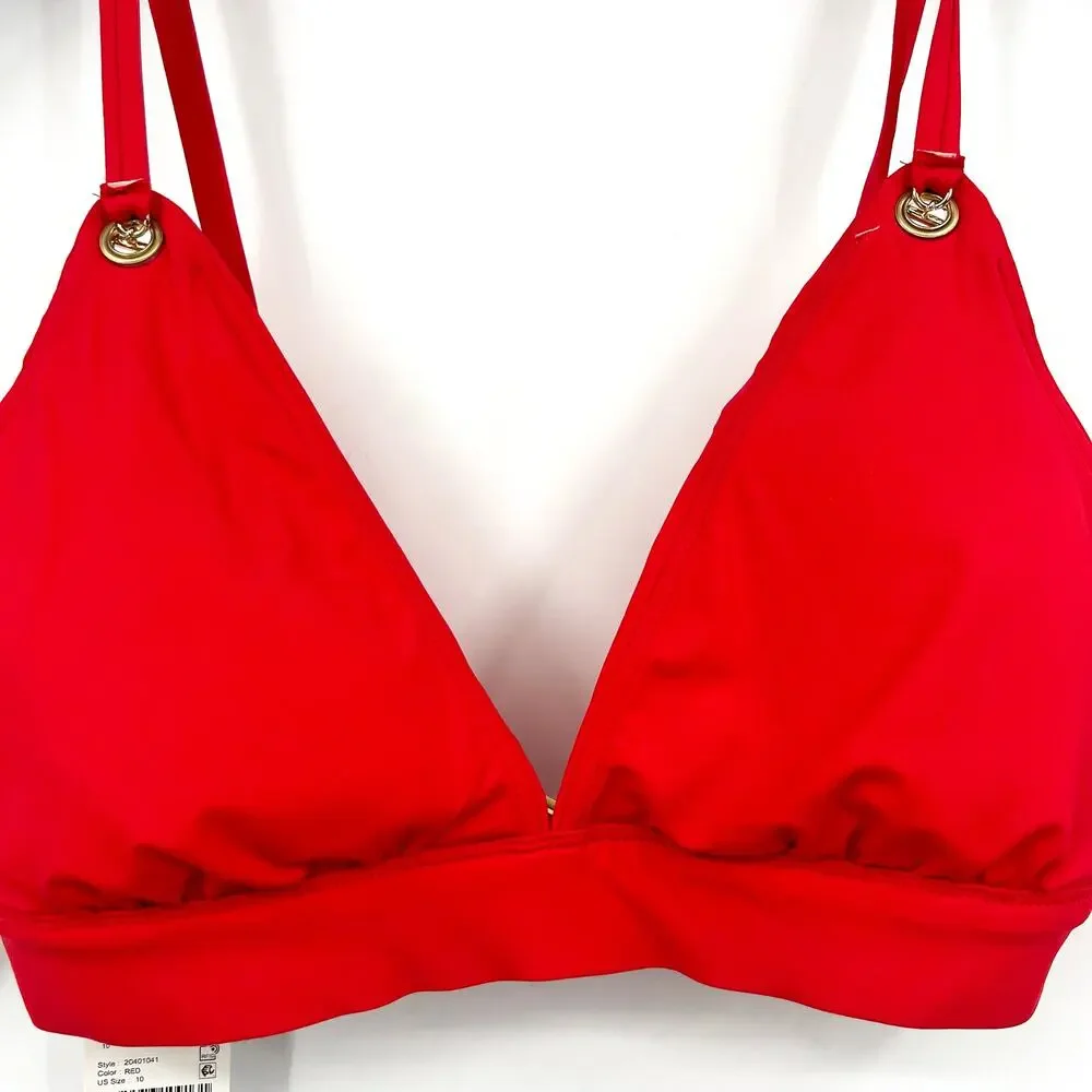LAUREN RALPH LAUREN Toggle V Neck Bikini Top Size 14 Red Beach Club Solids NWT